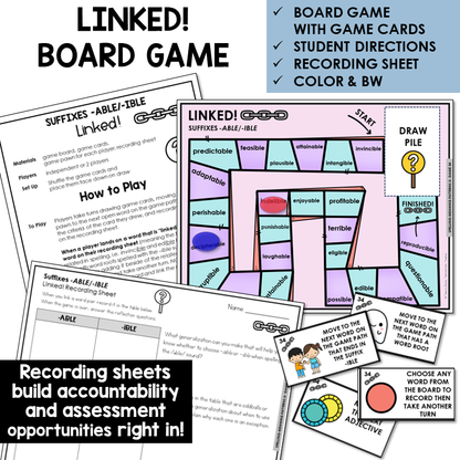 Linked! board game for suffixes -ABLE/-IBLE