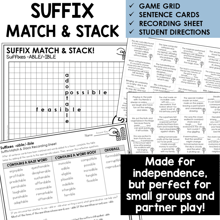 Suffix Match & Stack card game for suffixes -ABLE/-IBLE