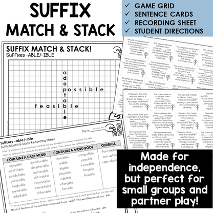 Suffix Match & Stack card game for suffixes -ABLE/-IBLE