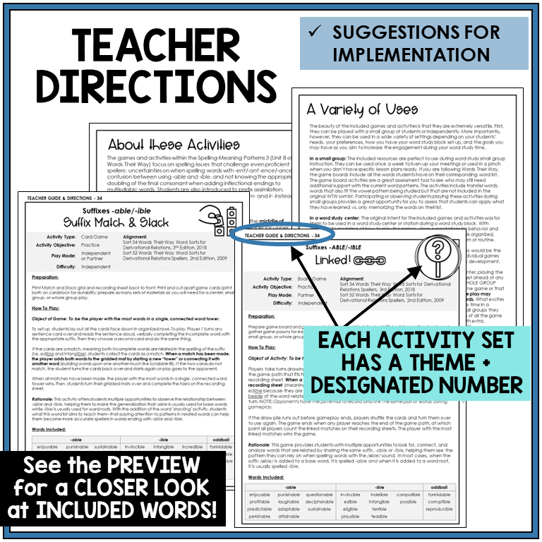 Teacher directions for suffixes -ABLE/-IBLE games
