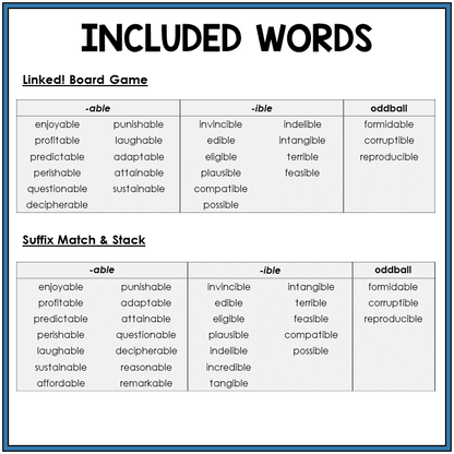 Word list for suffixes -ABLE/-IBLE, Sort 34