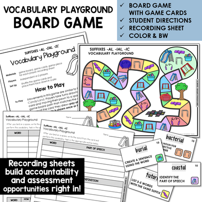 Vocabulary Playground board game for suffixes -AL, -IAL, -IC