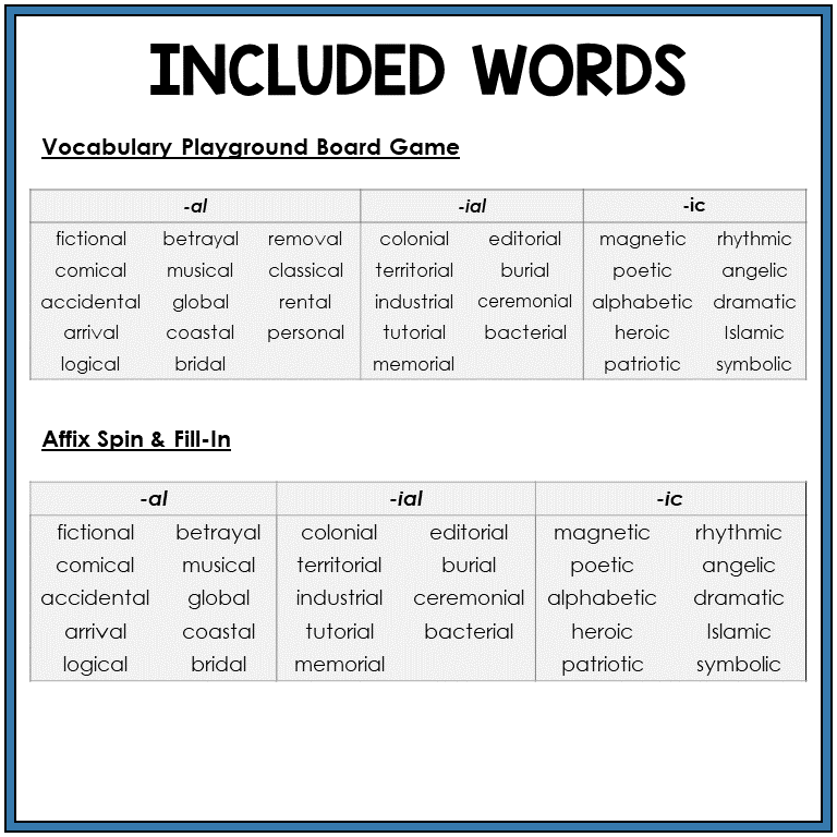 Word list for suffixes -AL, -IAL, -IC, Sort 10
