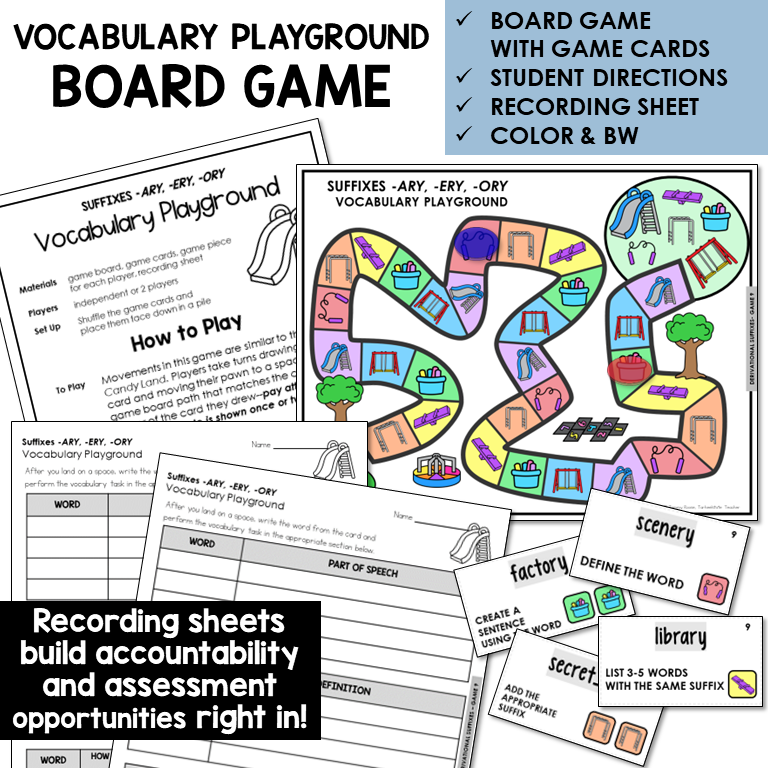 Vocabulary Playground board game for suffixes -ARY, -ERY, -ORY