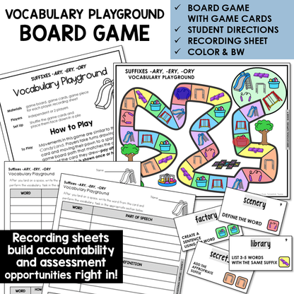 Vocabulary Playground board game for suffixes -ARY, -ERY, -ORY