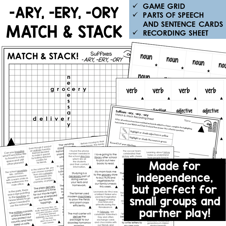 Match & Stack card game for suffixes -ARY, -ERY, -ORY