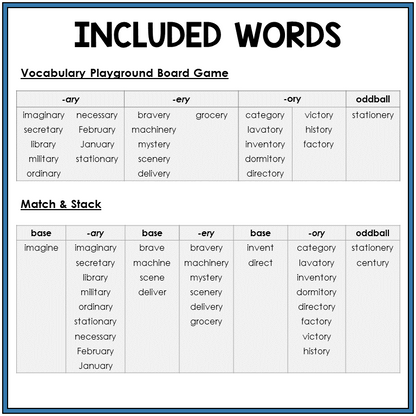 Word list for suffixes -ARY, -ERY, -ORY, Sort 9