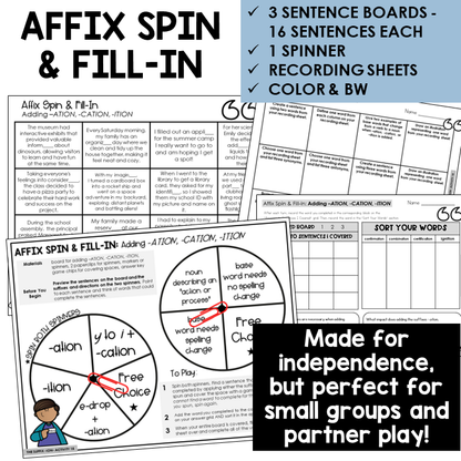 Affix Spin & Fill-In word board activity for suffixes -ATION, -CATION, -ITION