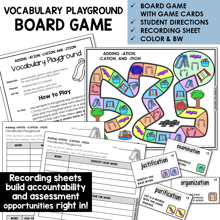 Vocabulary Playground board game for suffixes -ATION, -CATION, -ITION