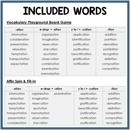 Word list for suffixes -ATION, -CATION, -ITION, Sort 15
