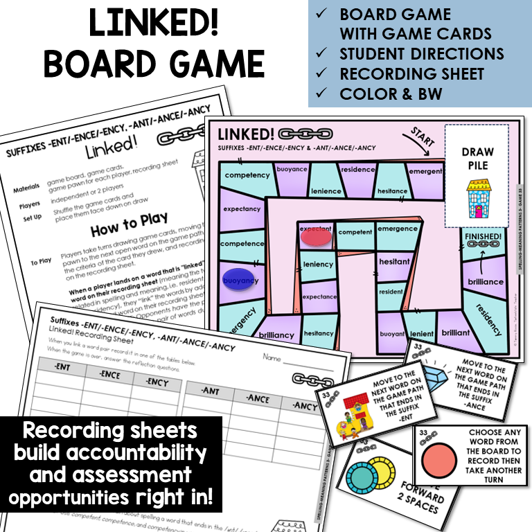 Linked! board game for suffixes -ENT/-ENCE/-ENCY, -ANT/-ANCE/-ANCY