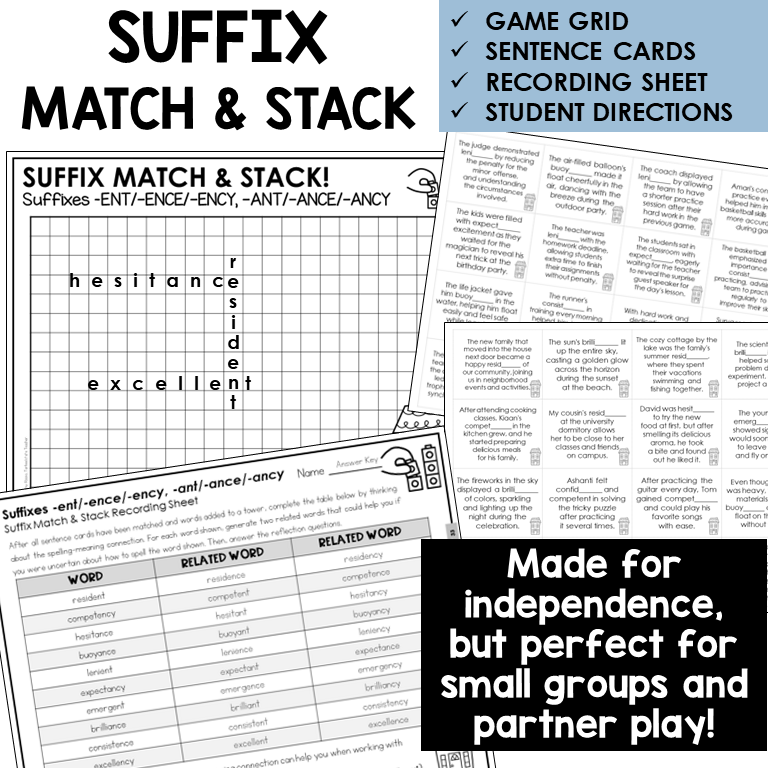 Suffix Match & Stack card game for suffixes -ENT/-ENCE/-ENCY, -ANT/-ANCE/-ANCY