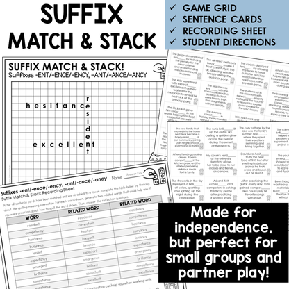 Suffix Match & Stack card game for suffixes -ENT/-ENCE/-ENCY, -ANT/-ANCE/-ANCY