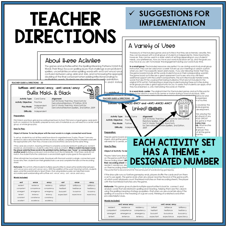 Teacher directions and suggestions for implementation
