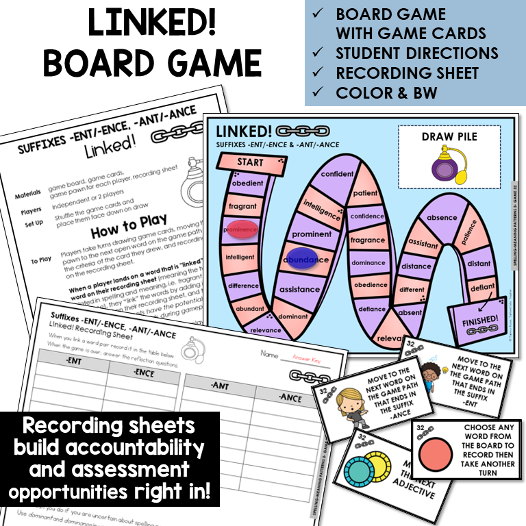 Linked! board game for suffixes -ENT/-ENCE, -ANT/-ANCE