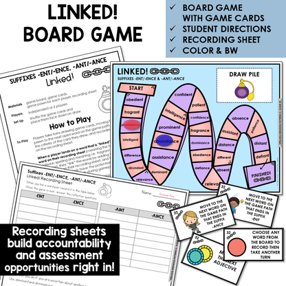 Linked! board game for suffixes -ENT/-ENCE, -ANT/-ANCE
