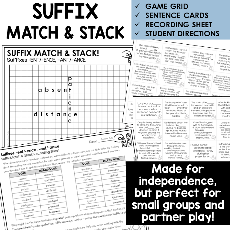 Suffix Match & Stack card game for suffixes -ENT/-ENCE, -ANT/-ANCE