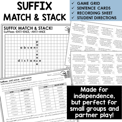 Suffix Match & Stack card game for suffixes -ENT/-ENCE, -ANT/-ANCE