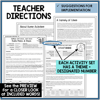 Teacher directions for suffixes -ENT/-ENCE, -ANT/-ANCE games