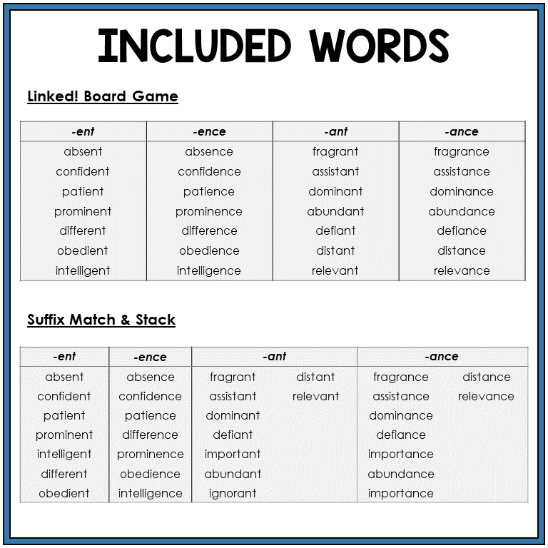 Word list for suffixes -ENT/-ENCE, -ANT/-ANCE, Sort 32
