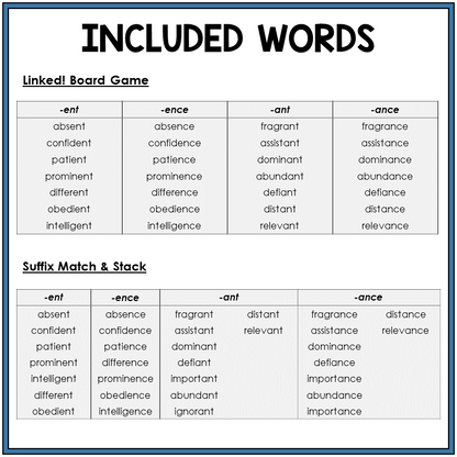 Word list for suffixes -ENT/-ENCE, -ANT/-ANCE, Sort 32