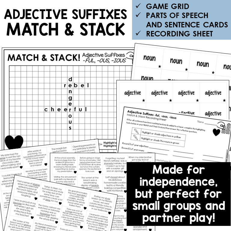 Match & Stack card game for adjective suffixes -FUL, -OUS, -IOUS