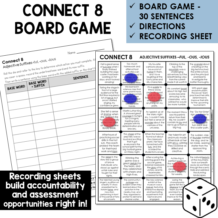 Connect 8 board game for adjective suffixes with recording sheet