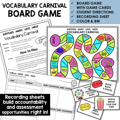 Vocabulary Carnival board game for suffixes -MENT, -LESS, -NESS