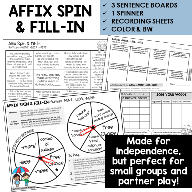 Affix Spin & Fill-In word board activity for suffixes -MENT, -LESS, -NESS