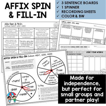 Affix Spin & Fill-In word board activity for suffixes -MENT, -LESS, -NESS