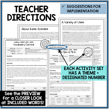 Teacher directions for suffixes -MENT, -LESS, -NESS games