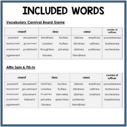 Word list for suffixes -MENT, -LESS, -NESS, Sort 3