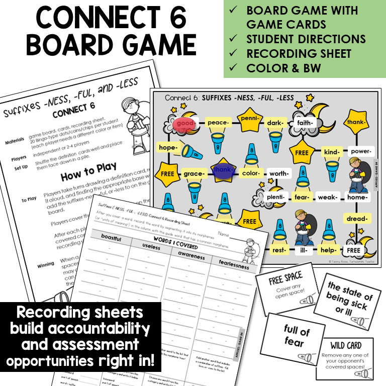 Connect 6 Board Game for suffixes -NESS, -FUL, and -LESS, with recording sheet