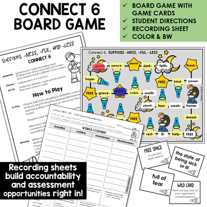 Connect 6 Board Game for suffixes -NESS, -FUL, and -LESS, with recording sheet