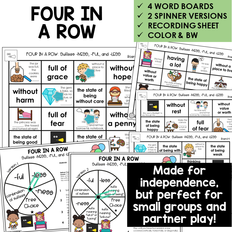 Four In A Row for suffixes -NESS, -FUL, and -LESS, with spinners and recording sheet
