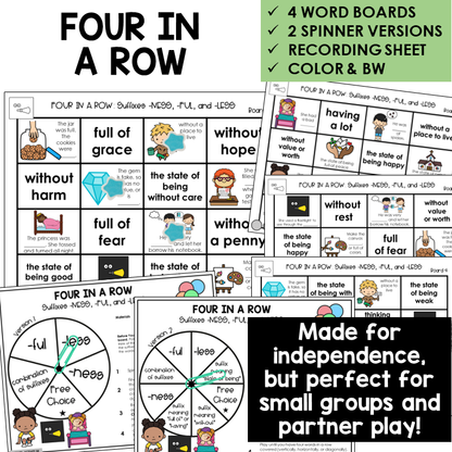 Four In A Row for suffixes -NESS, -FUL, and -LESS, with spinners and recording sheet