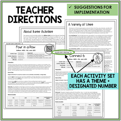 Teacher directions and suggestions for implementation, suffixes -NESS, -FUL, and -LESS