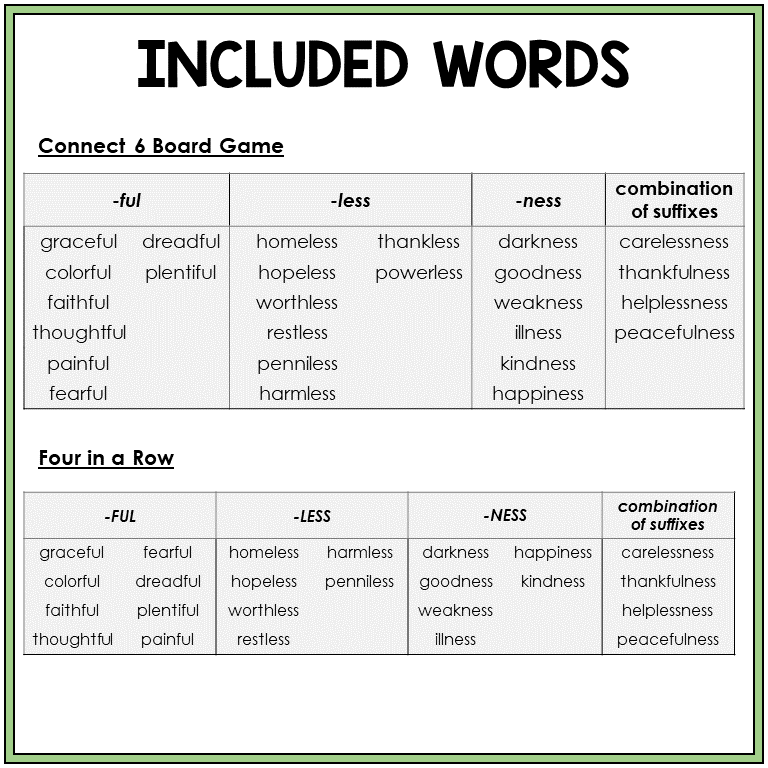 Word list for suffixes -NESS, -FUL, and -LESS, Sort 54