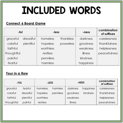 Word list for suffixes -NESS, -FUL, and -LESS, Sort 54