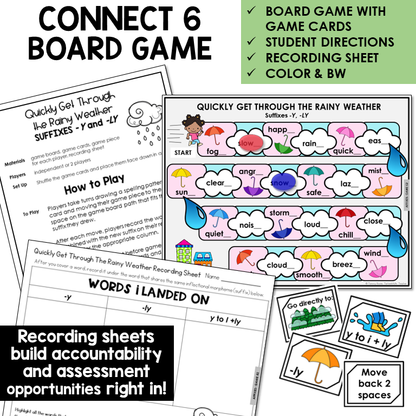 Quickly Get Through The Rainy Weather Board Game for suffixes -Y and -LY, with recording sheet