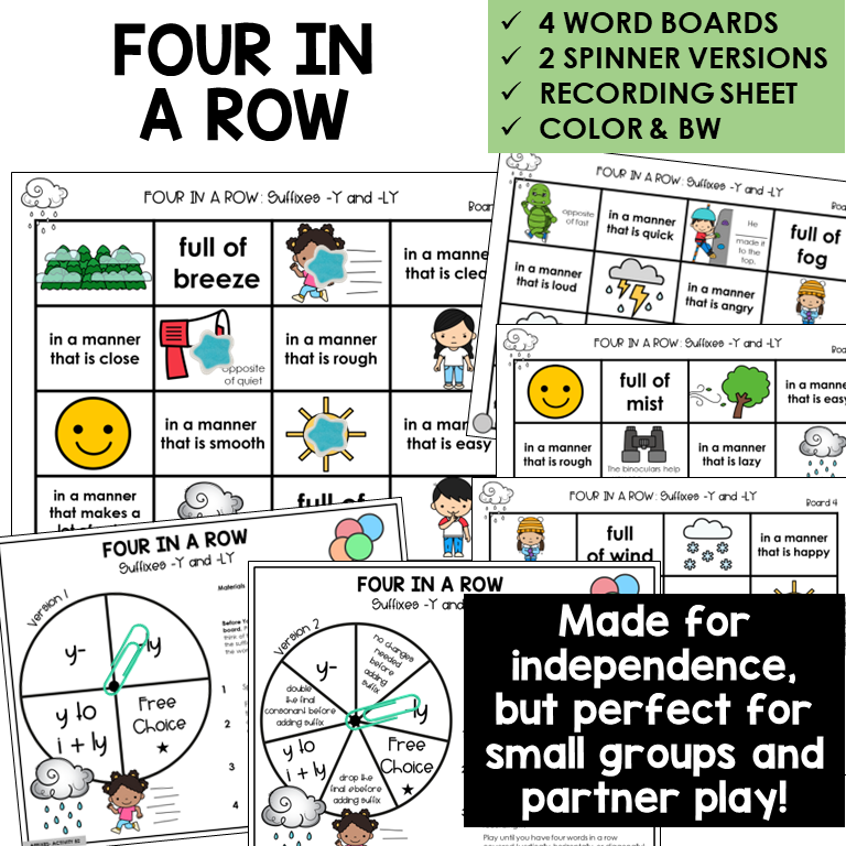 Four In A Row for suffixes -Y and -LY, with spinners and recording sheet