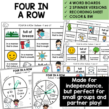 Four In A Row for suffixes -Y and -LY, with spinners and recording sheet