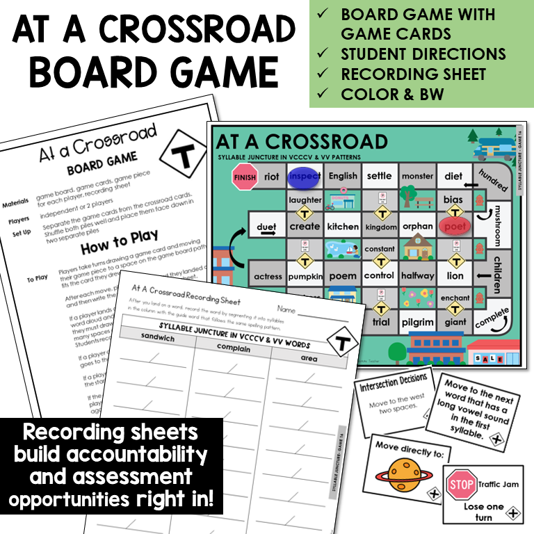 At A Crossroad Board Game for syllable division in VCCCV and VV patterns, with recording sheet