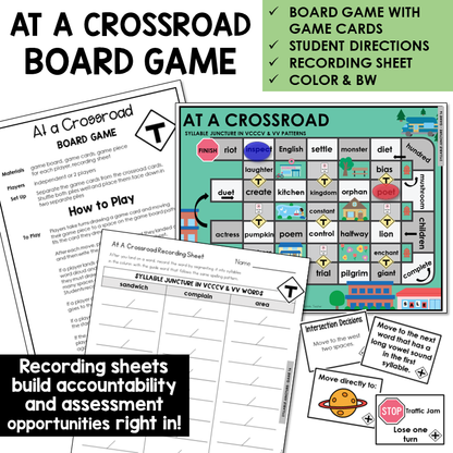 At A Crossroad Board Game for syllable division in VCCCV and VV patterns, with recording sheet