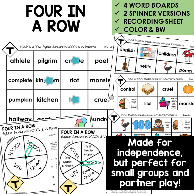 Four In A Row for syllable division in VCCCV and VV patterns, with spinners and recording sheet