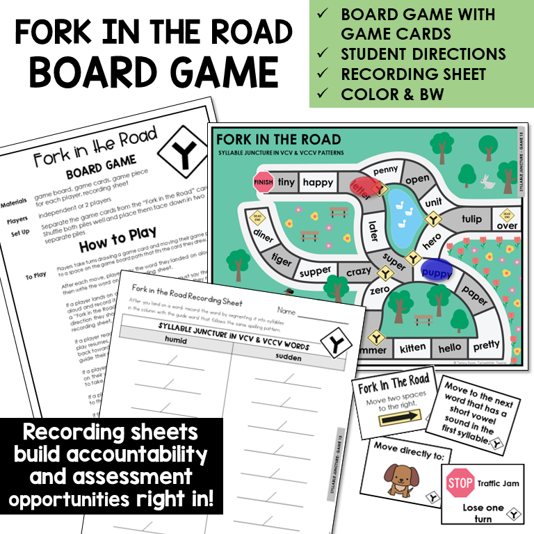 Fork In The Road Board Game for syllable division in VCV and VCCV patterns, with recording sheet