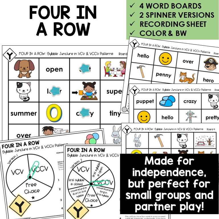 Four In A Row for syllable division in VCV and VCCV patterns, with spinners and recording sheet