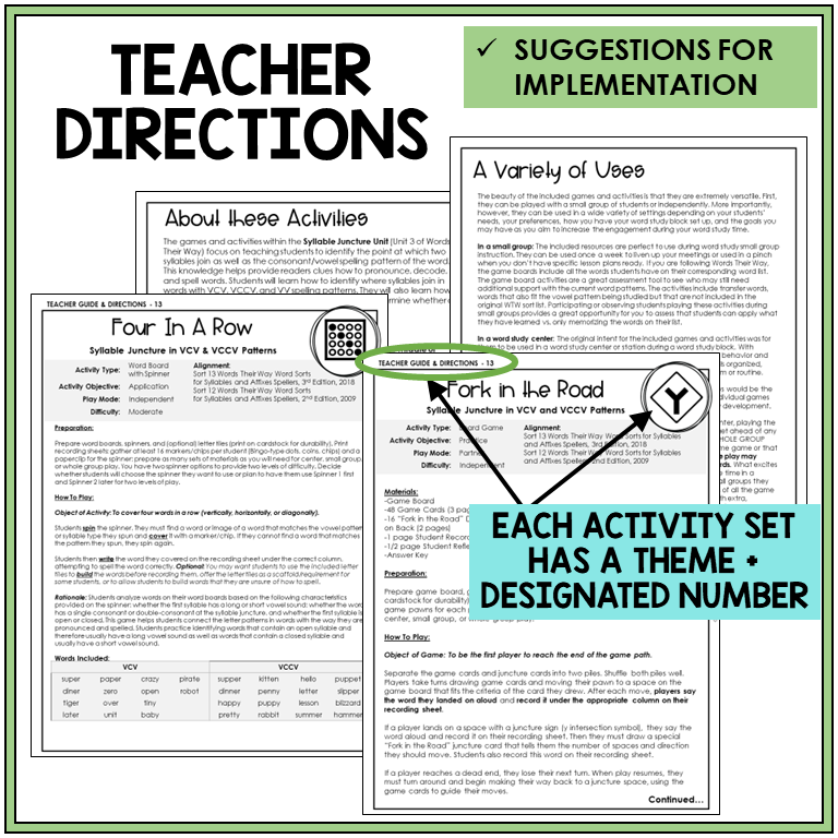 Teacher directions and suggestions for implementation, syllable division in VCV and VCCV patterns
