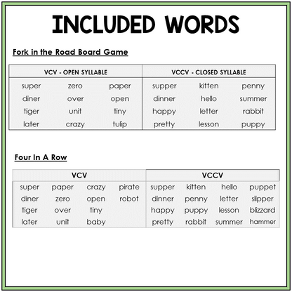 Word list for syllable division in VCV and VCCV patterns, Sort 13