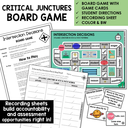 Intersection Decisions Board Game for syllable division in VCV and VVCV patterns, with recording sheet